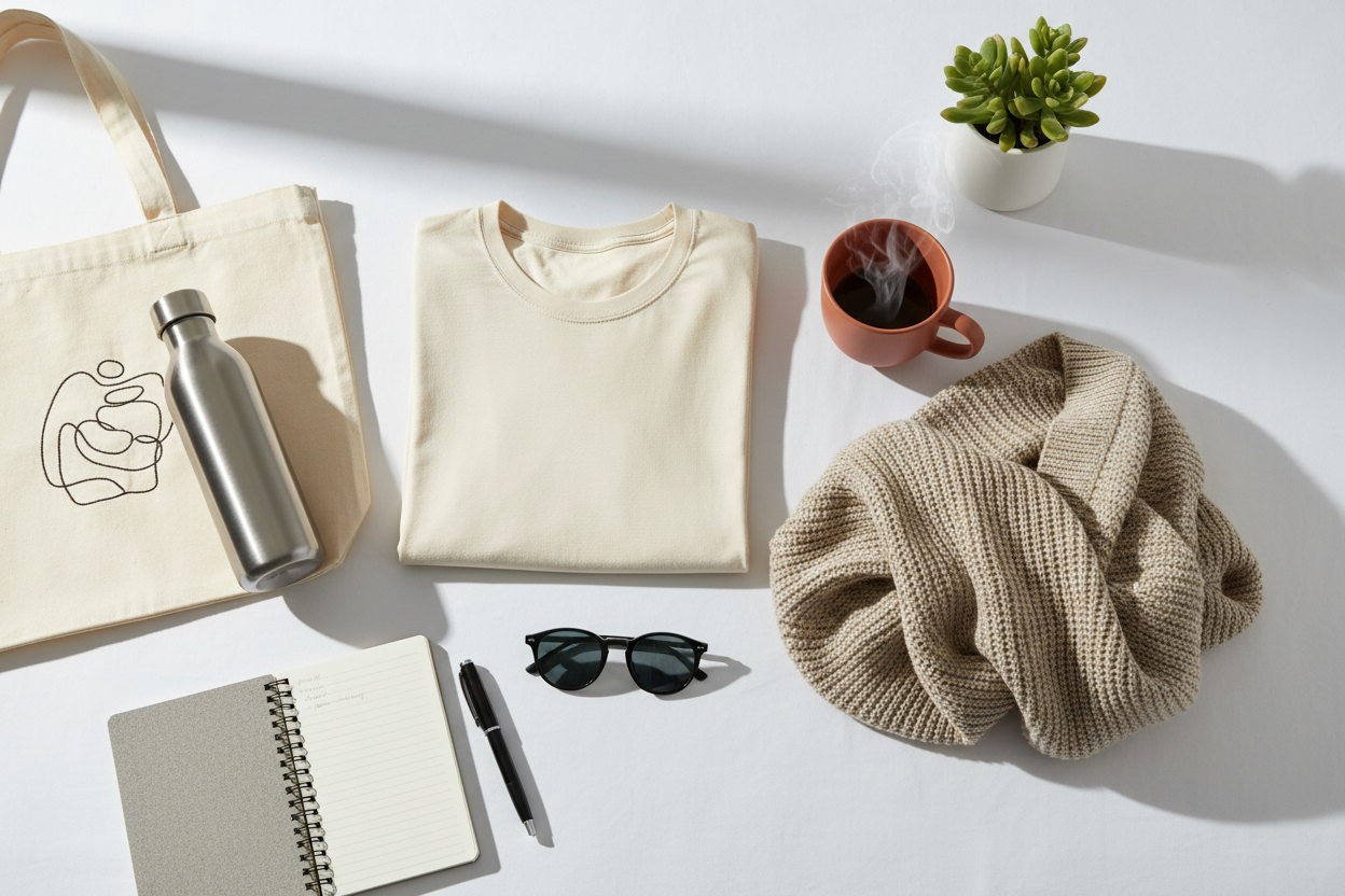 generate a daily lifestyle image that encompasses things like shirts, cups, sweaters, and other lifestyle products