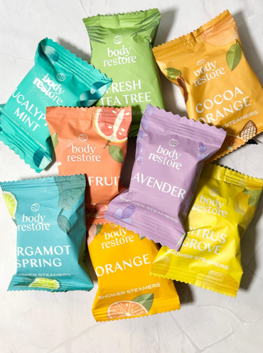 BODY RESTORE Shower Steamer Single Use Bath Bomb Self Care: Bergamot Spring