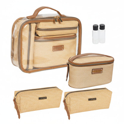 Joan & David Straw Texture 4 Piece Clear Cosmetic Bag Set: NATURAL