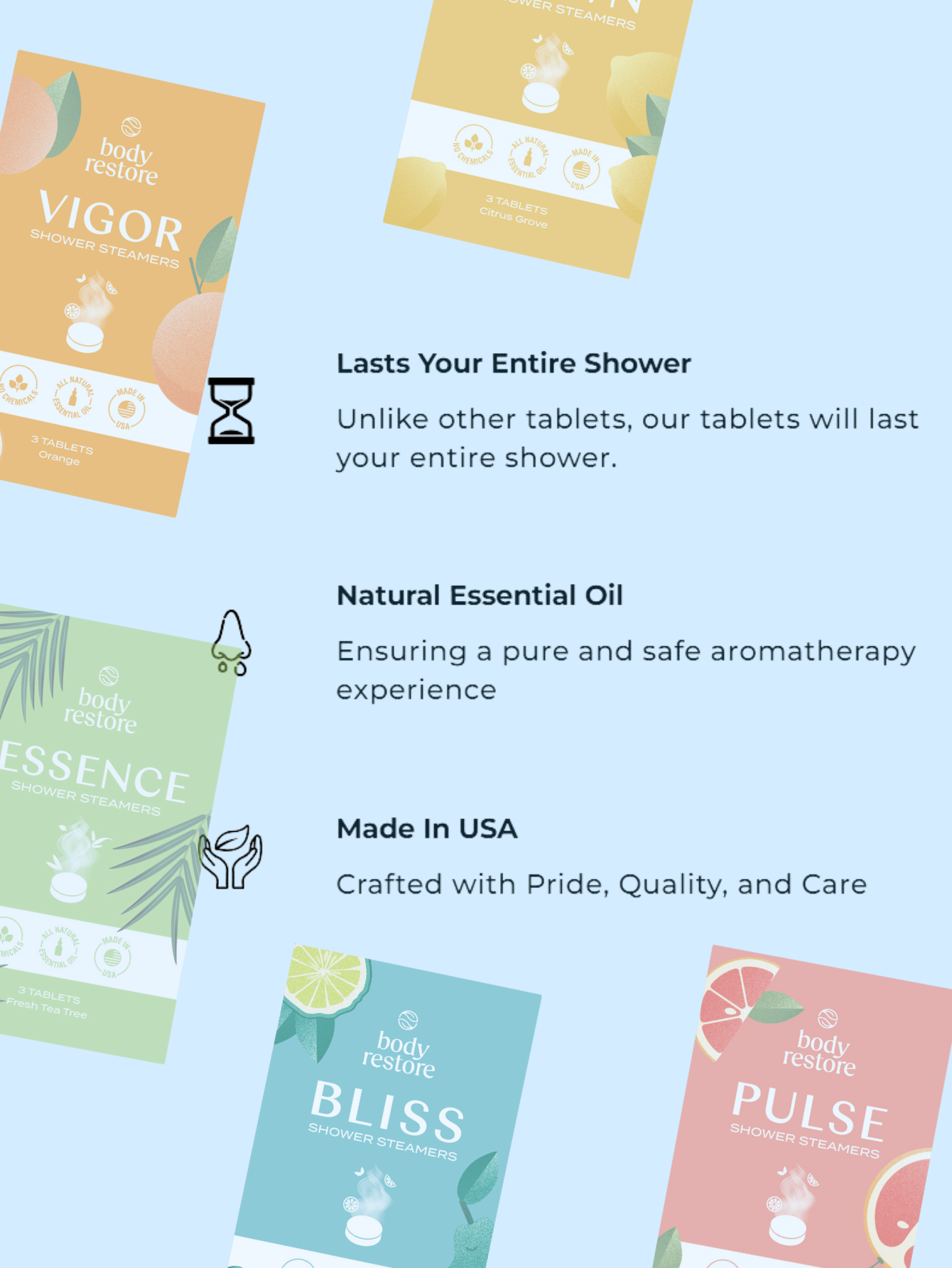 BODY RESTORE Shower Steamer Pack of 3 Set Kit : Essence - Fresh Tea Tree