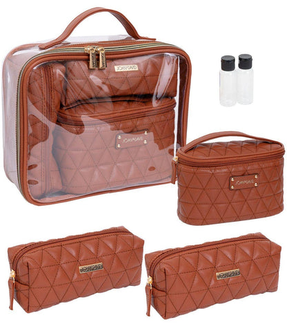 Joan & David The Triangle Quilted 4 Piece Cosmetic Bag Set: COGNAC