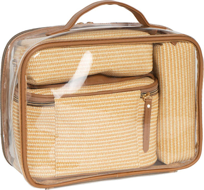 Joan & David Straw Texture 4 Piece Clear Cosmetic Bag Set: NATURAL